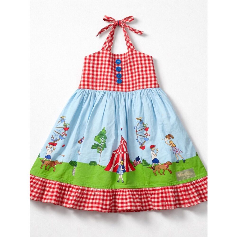 Eleanor Rose circus print red and white gingham halter smocked dress vintage - Picture 1 of 12